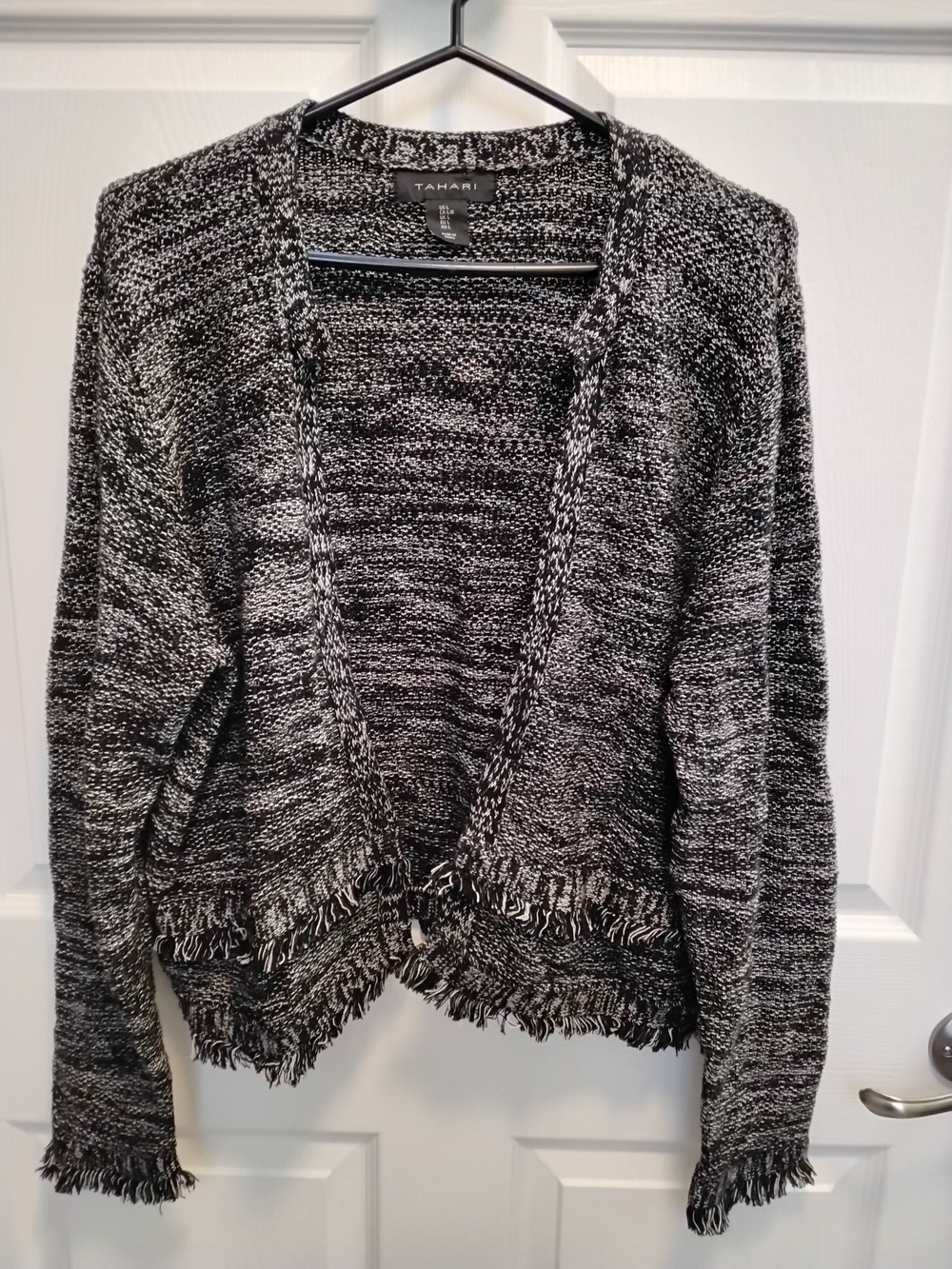 TAHARI Open Front Marled Knit Cardigan With Fringe Trim 100% Cotton Size LG